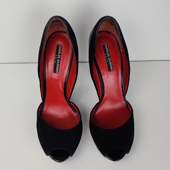 Charles Jourdan Cadence Wedge Platform Peep Toe Black Suede Size 10 - Picture 6 of 13